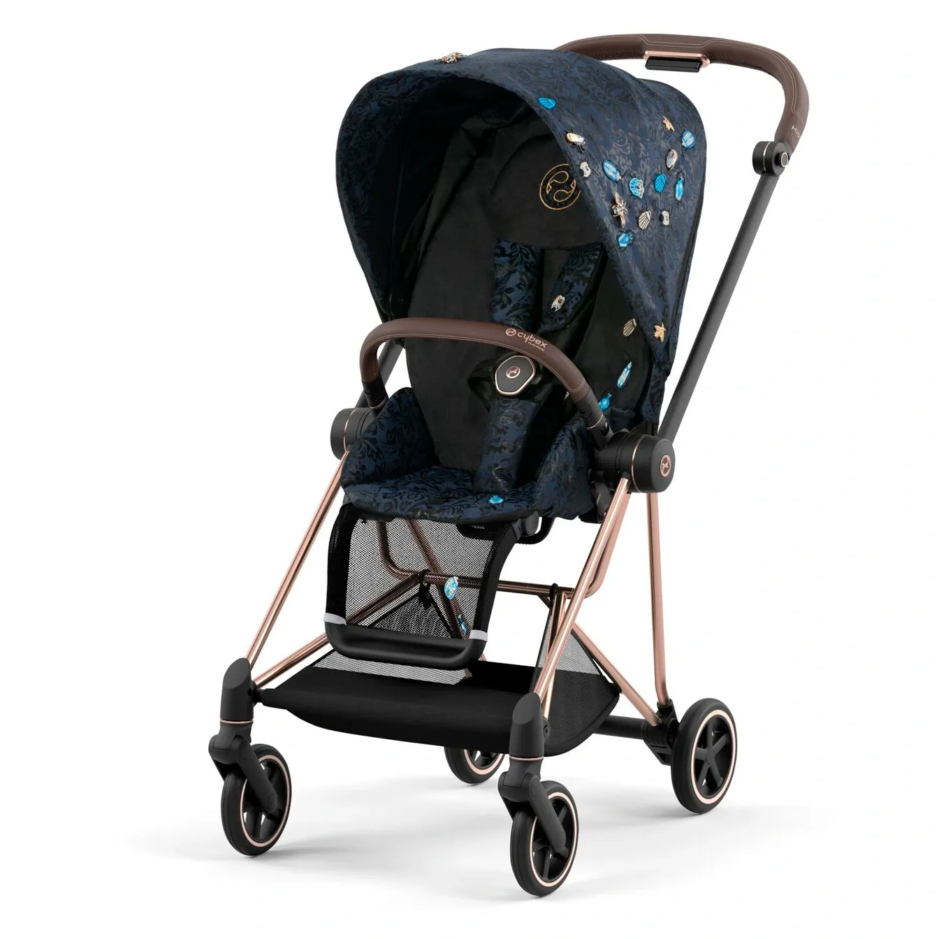 Прогулочный блок Cybex Mios в отделке Jewels of Nature: тёмно-синий жаккард с вышитыми жуками, шасси цвета розового золота